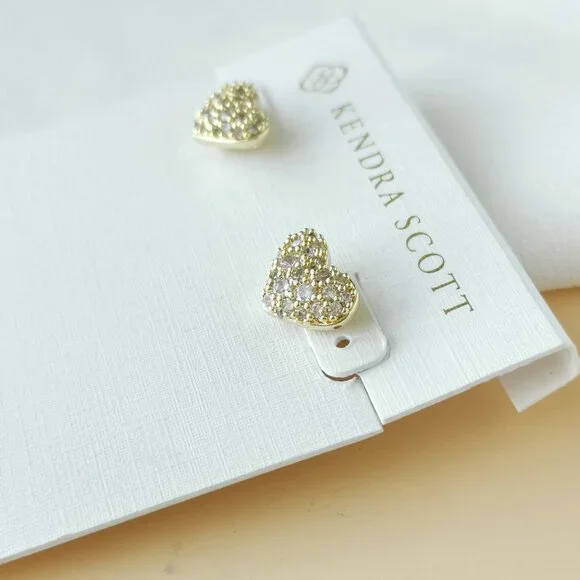 NEW Kendra Scott Ari Gold PAVE White Crystal Heart Earrings - Picture 3 of 3